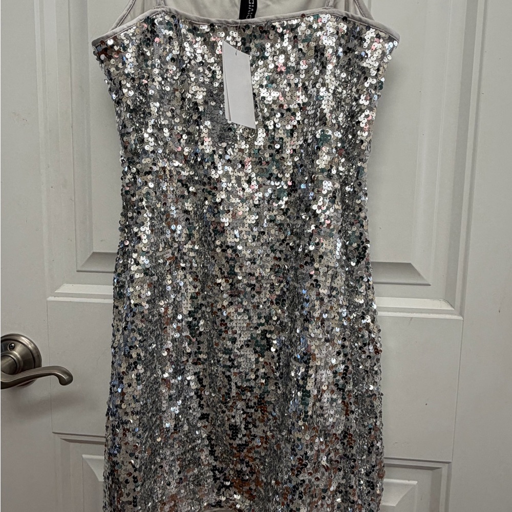Silver Sequin Strapless Dress